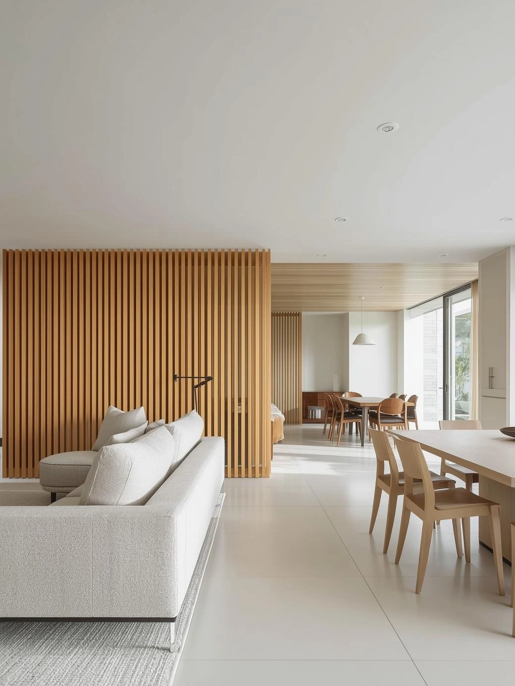 A slatted partition in a living room serving a decorative and practical purpose, dividing the space without restricting light.